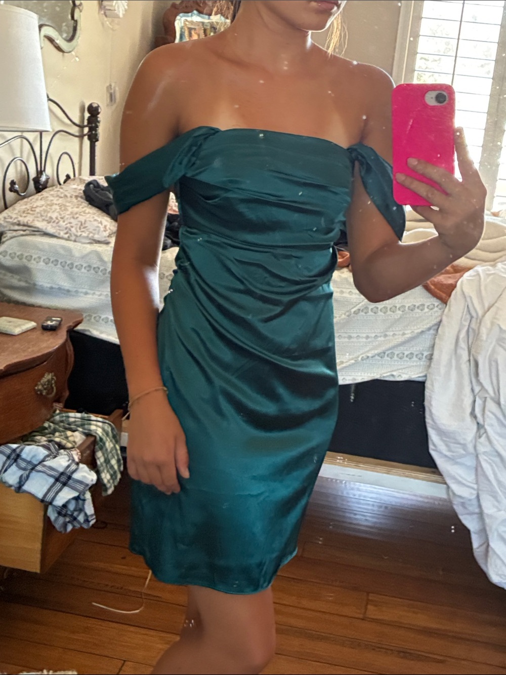 Emerald Off-Shoulder Satin Midi Dress